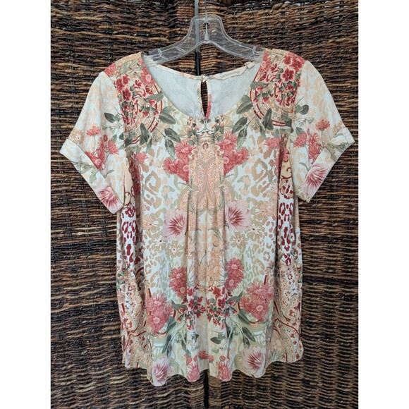 Soft Surroundings Floral Leopard Print Modal Pleated Front Tee Shirt Women's PM - Picture 1 of 8